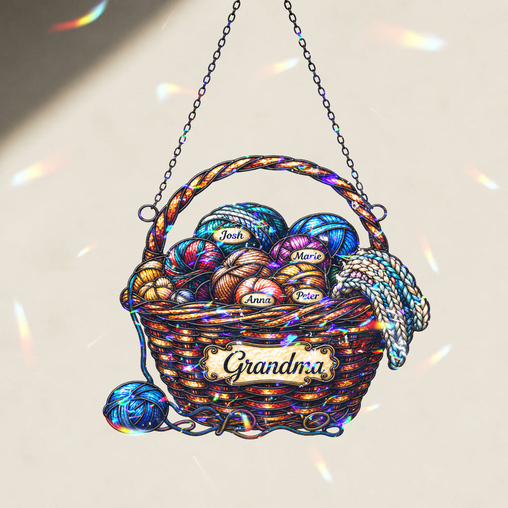 Personalized Grandma Yarn Basket Holographic Acrylic Suncatcher