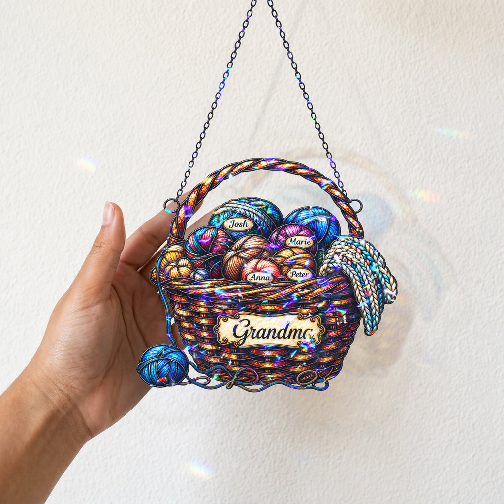 Personalized Grandma Yarn Basket Holographic Acrylic Suncatcher