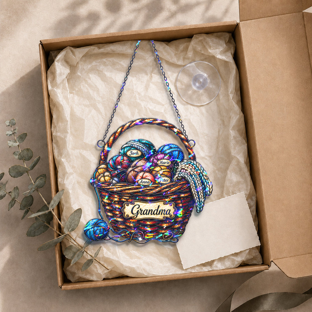 Personalized Grandma Yarn Basket Holographic Acrylic Suncatcher