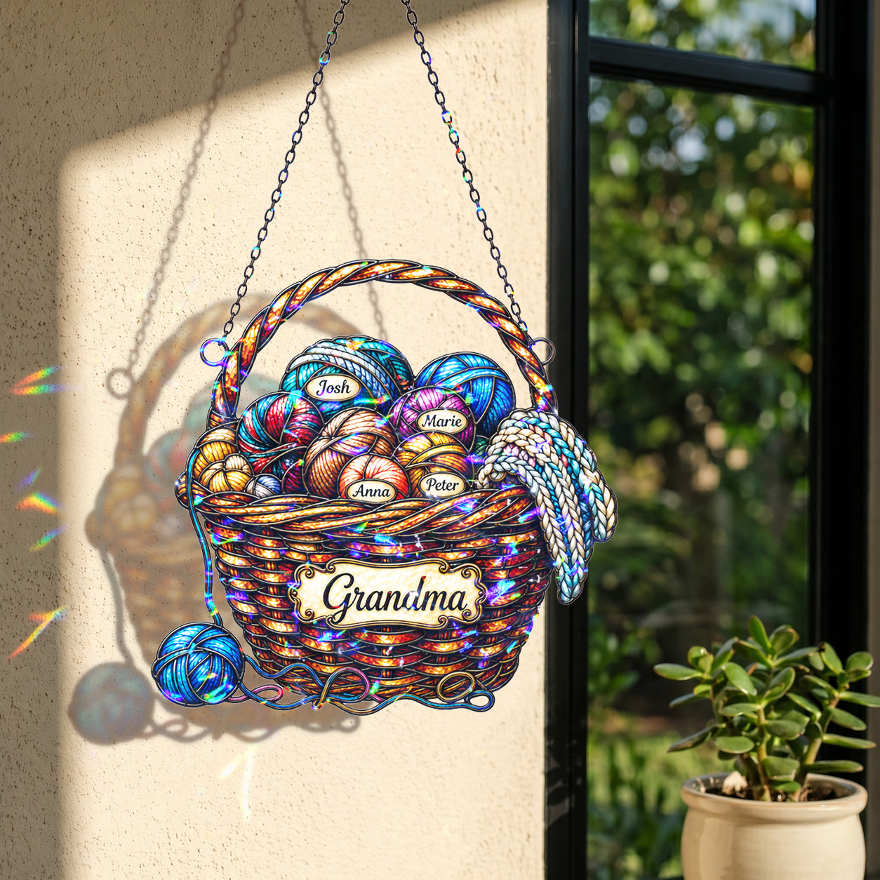 Personalized Grandma Yarn Basket Holographic Acrylic Suncatcher