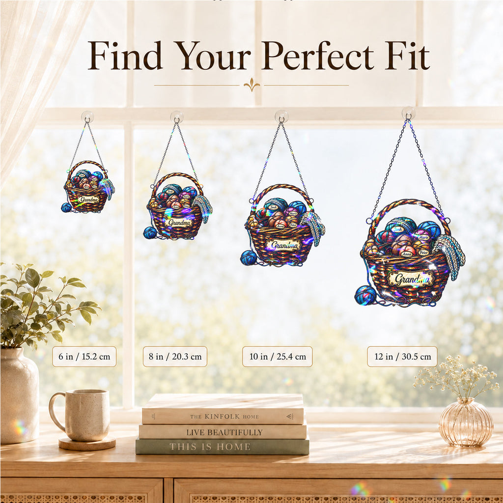 Personalized Grandma Yarn Basket Holographic Acrylic Suncatcher