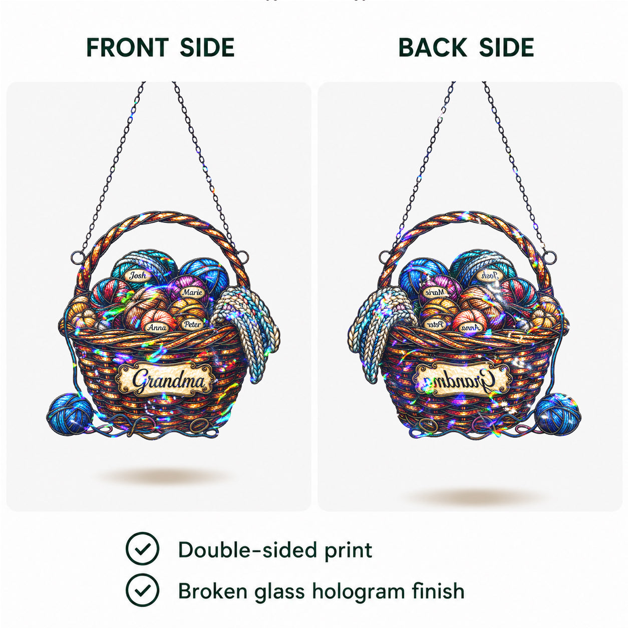 Personalized Grandma Yarn Basket Holographic Acrylic Suncatcher