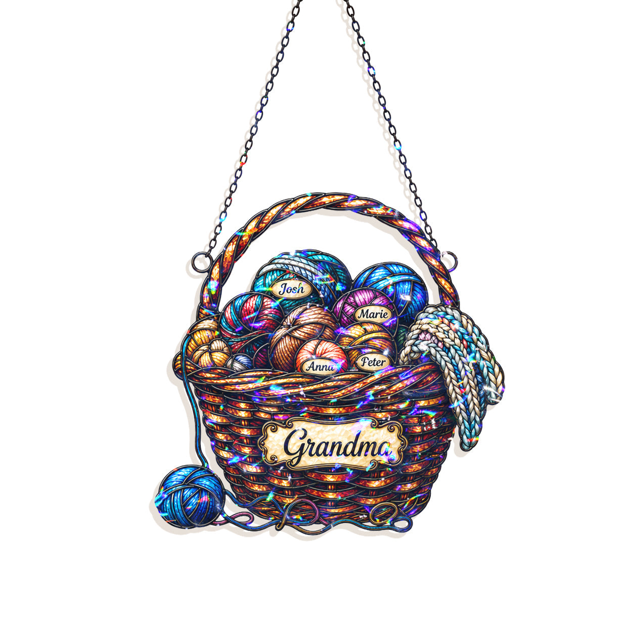 Personalized Grandma Yarn Basket Holographic Acrylic Suncatcher