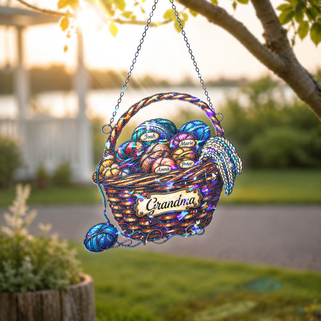 Personalized Grandma Yarn Basket Holographic Acrylic Suncatcher