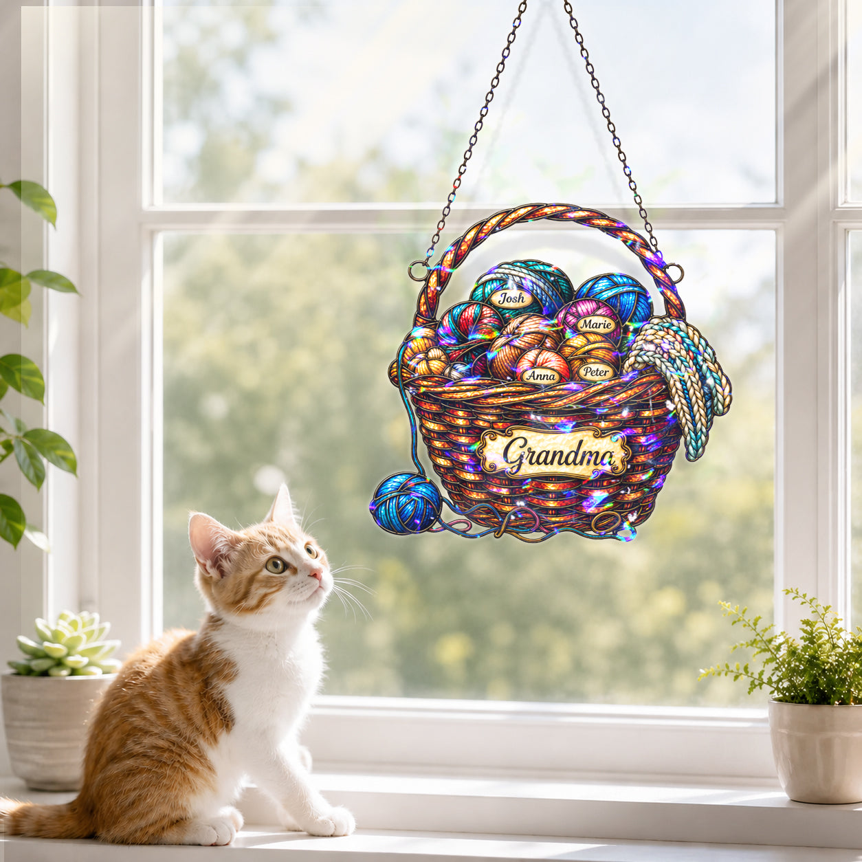 Personalized Grandma Yarn Basket Holographic Acrylic Suncatcher