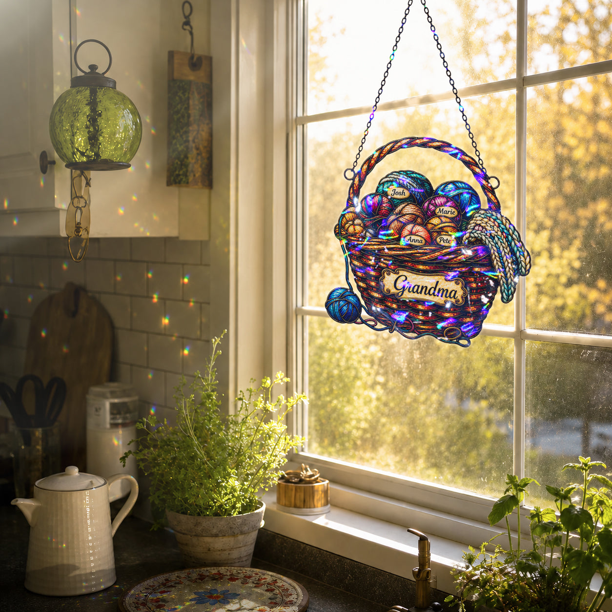 Personalized Grandma Yarn Basket Holographic Acrylic Suncatcher