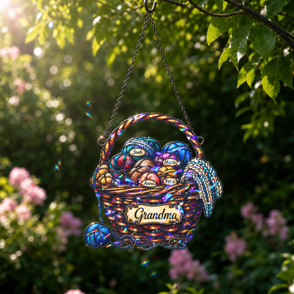 Personalized Grandma Yarn Basket Holographic Acrylic Suncatcher