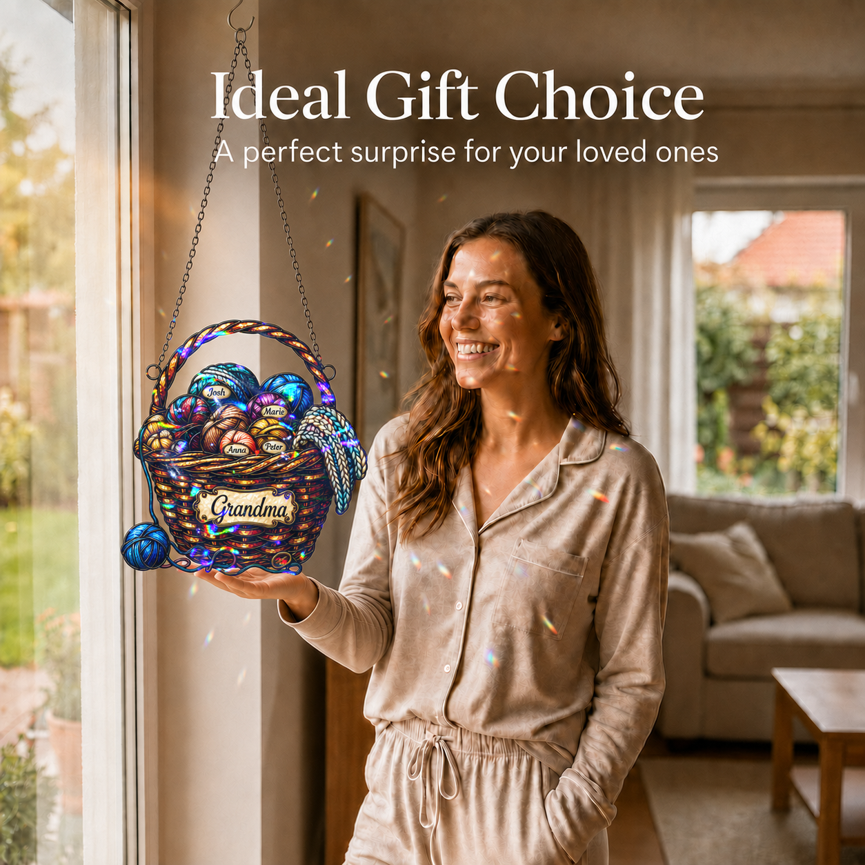 Personalized Grandma Yarn Basket Holographic Acrylic Suncatcher