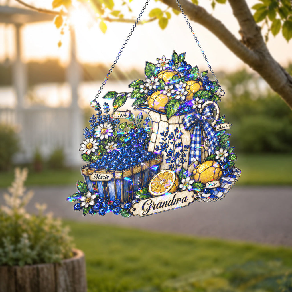 Personalized Grandma Lemon & Blueberry Pitcher Holographic Acrylic Suncatcher