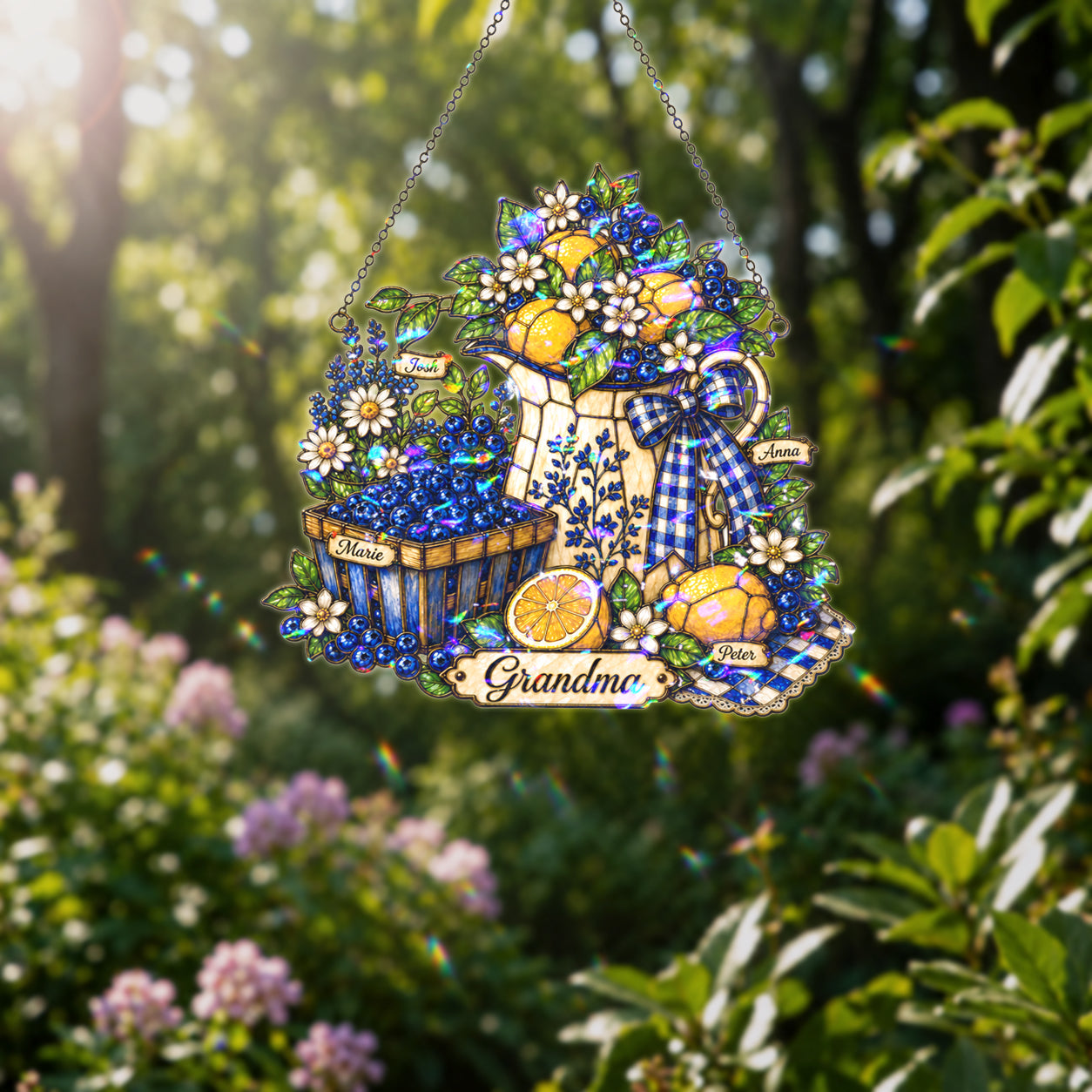 Personalized Grandma Lemon & Blueberry Pitcher Holographic Acrylic Suncatcher
