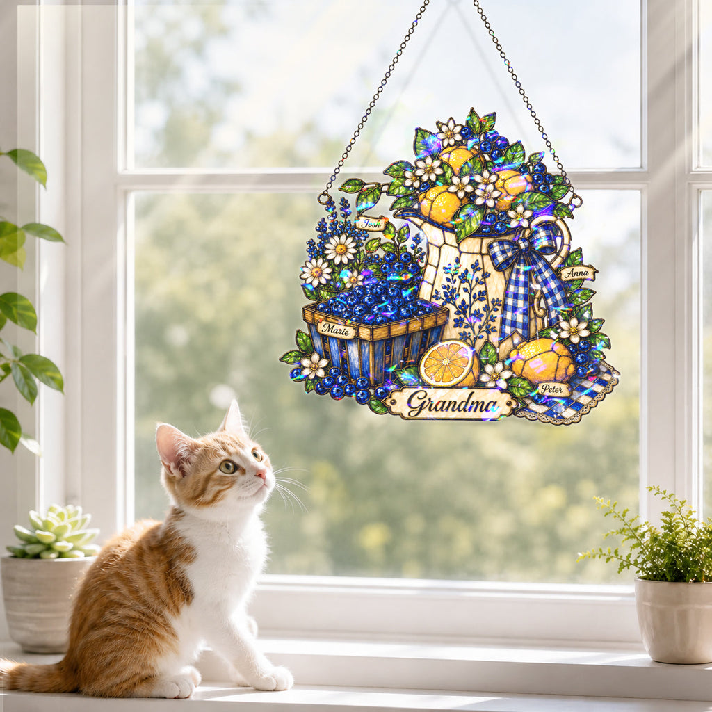 Personalized Grandma Lemon & Blueberry Pitcher Holographic Acrylic Suncatcher