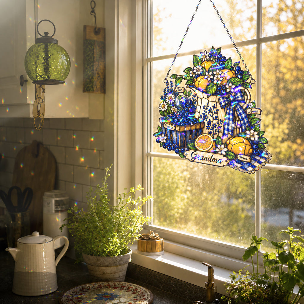 Personalized Grandma Lemon & Blueberry Pitcher Holographic Acrylic Suncatcher