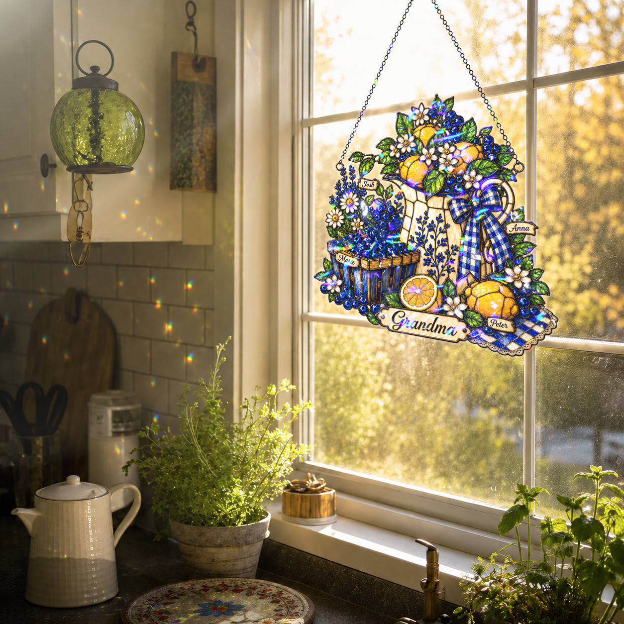 Personalized Grandma Lemon & Blueberry Pitcher Holographic Acrylic Suncatcher