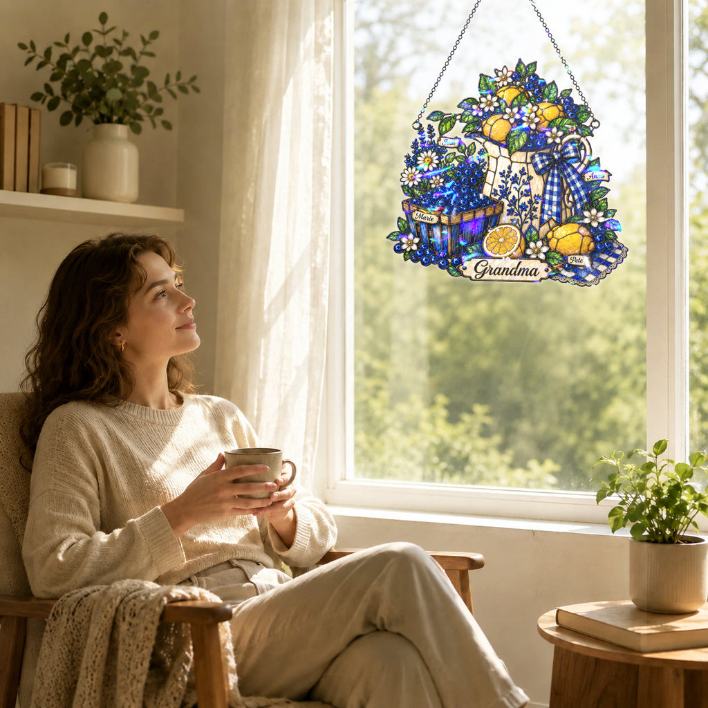Personalized Grandma Lemon & Blueberry Pitcher Holographic Acrylic Suncatcher