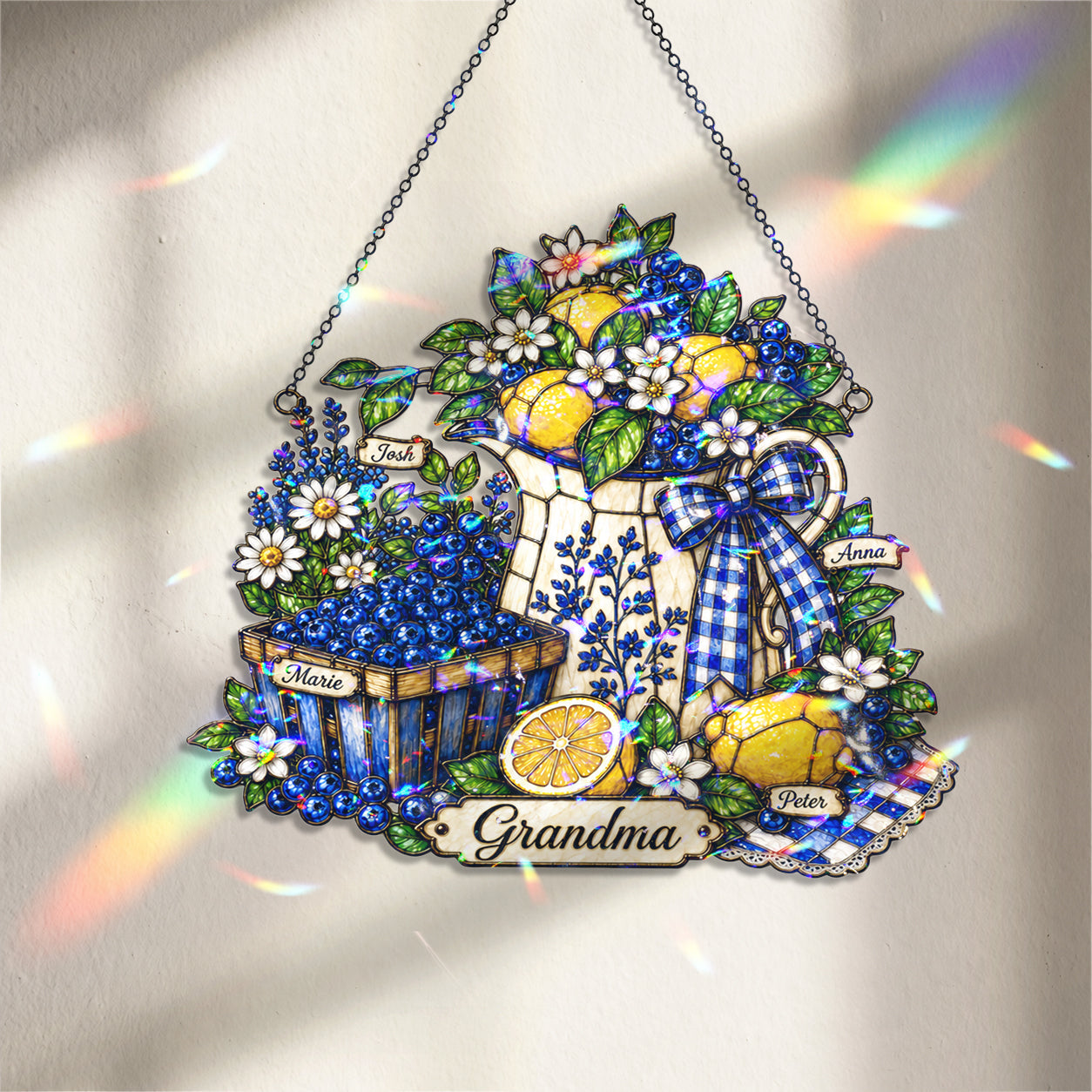 Personalized Grandma Lemon & Blueberry Pitcher Holographic Acrylic Suncatcher