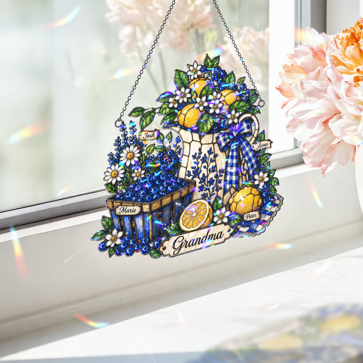 Personalized Grandma Lemon & Blueberry Pitcher Holographic Acrylic Suncatcher