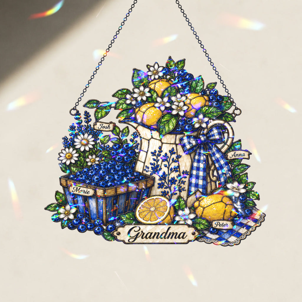 Personalized Grandma Lemon & Blueberry Pitcher Holographic Acrylic Suncatcher