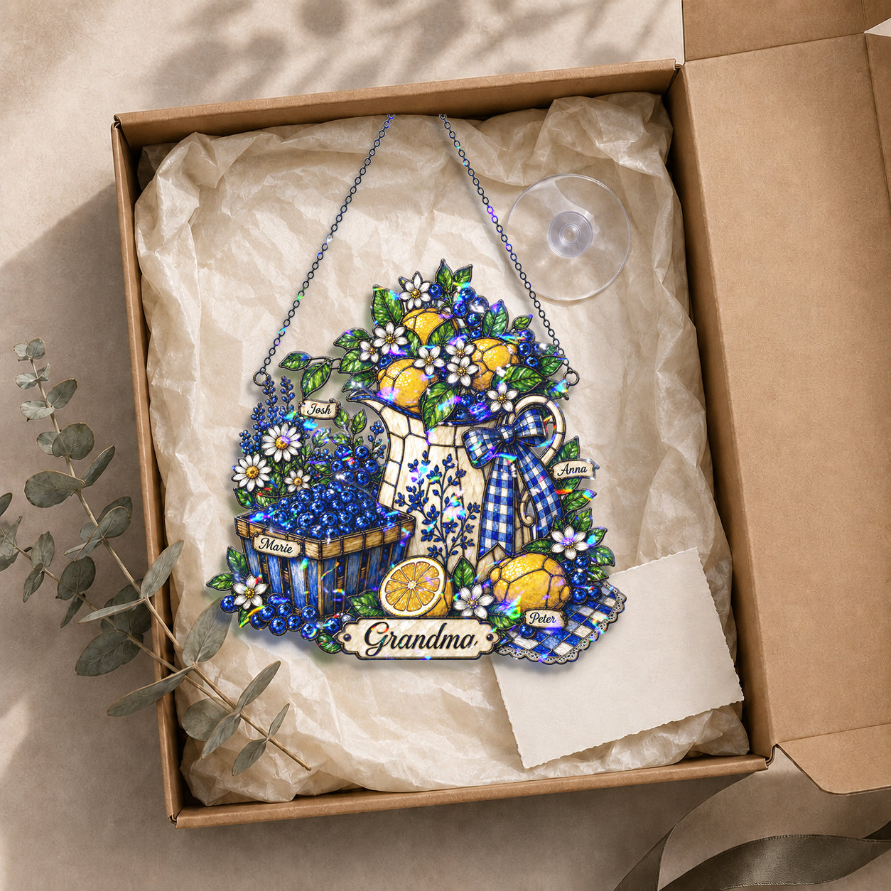Personalized Grandma Lemon & Blueberry Pitcher Holographic Acrylic Suncatcher