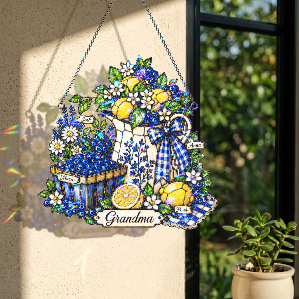 Personalized Grandma Lemon & Blueberry Pitcher Holographic Acrylic Suncatcher