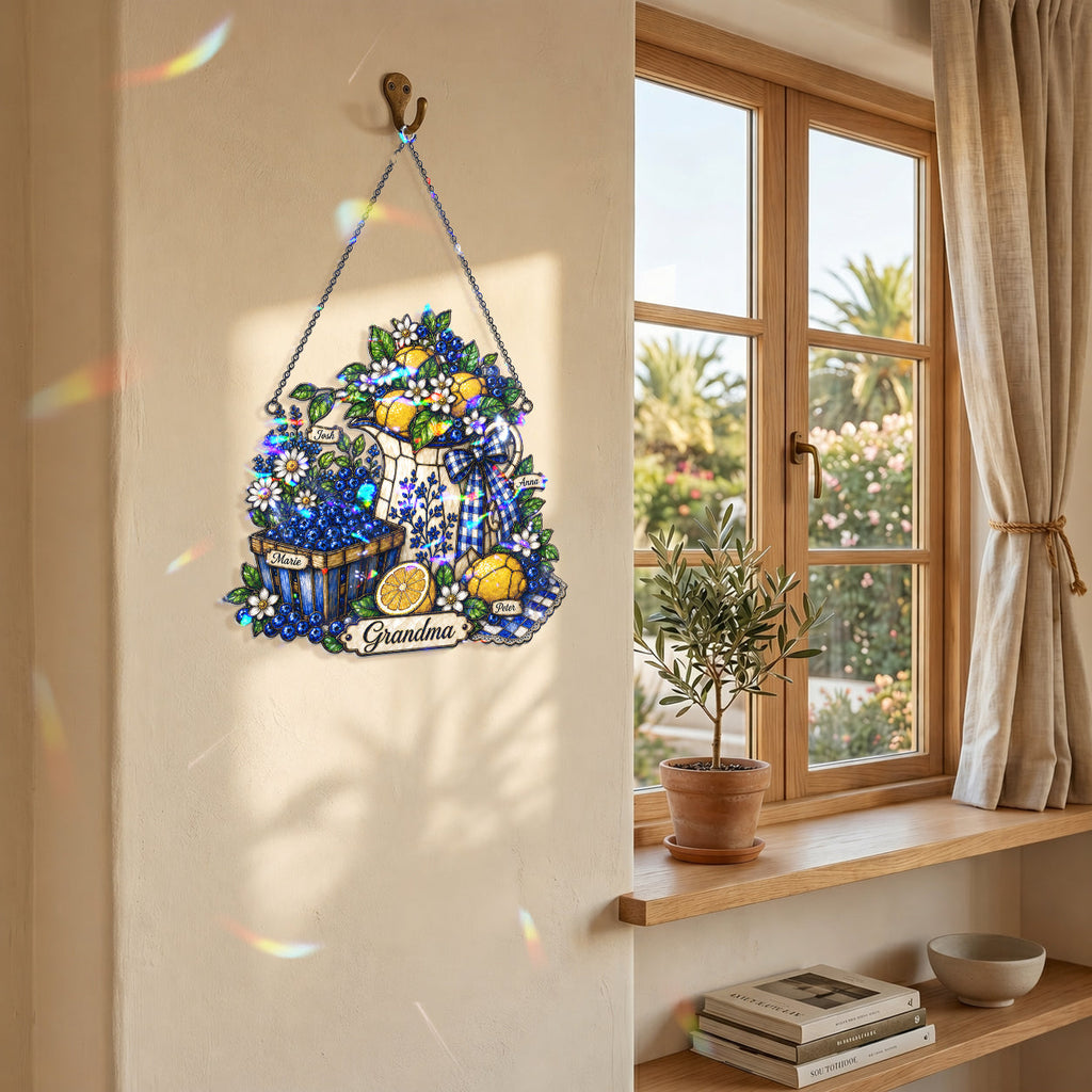 Personalized Grandma Lemon & Blueberry Pitcher Holographic Acrylic Suncatcher