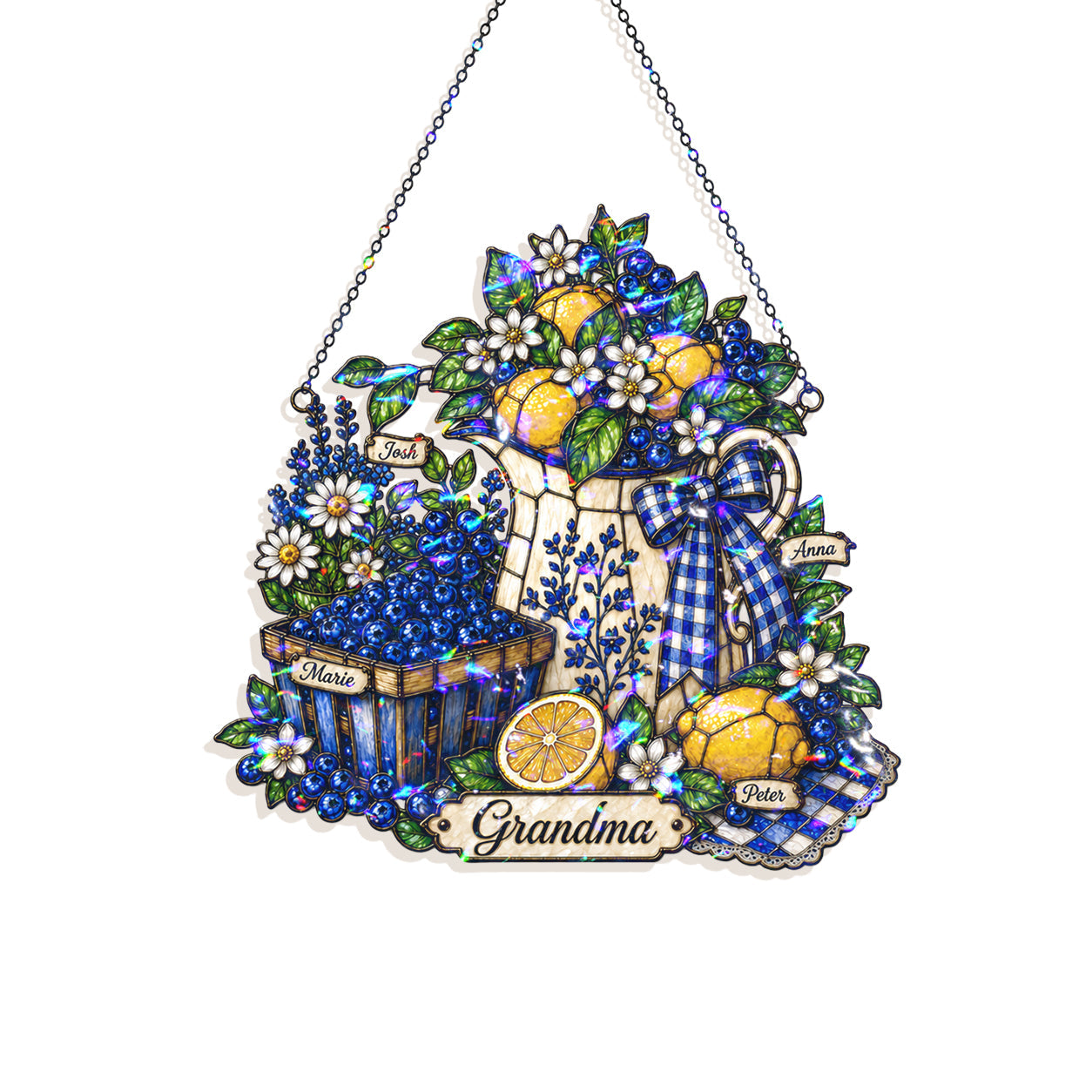 Personalized Grandma Lemon & Blueberry Pitcher Holographic Acrylic Suncatcher