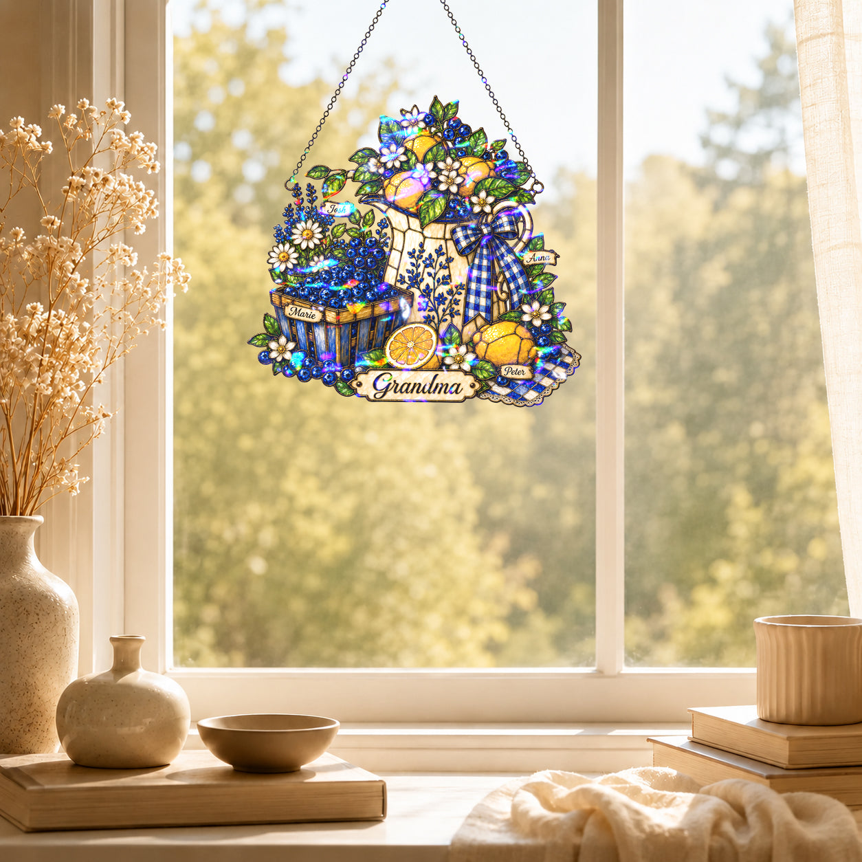 Personalized Grandma Lemon & Blueberry Pitcher Holographic Acrylic Suncatcher