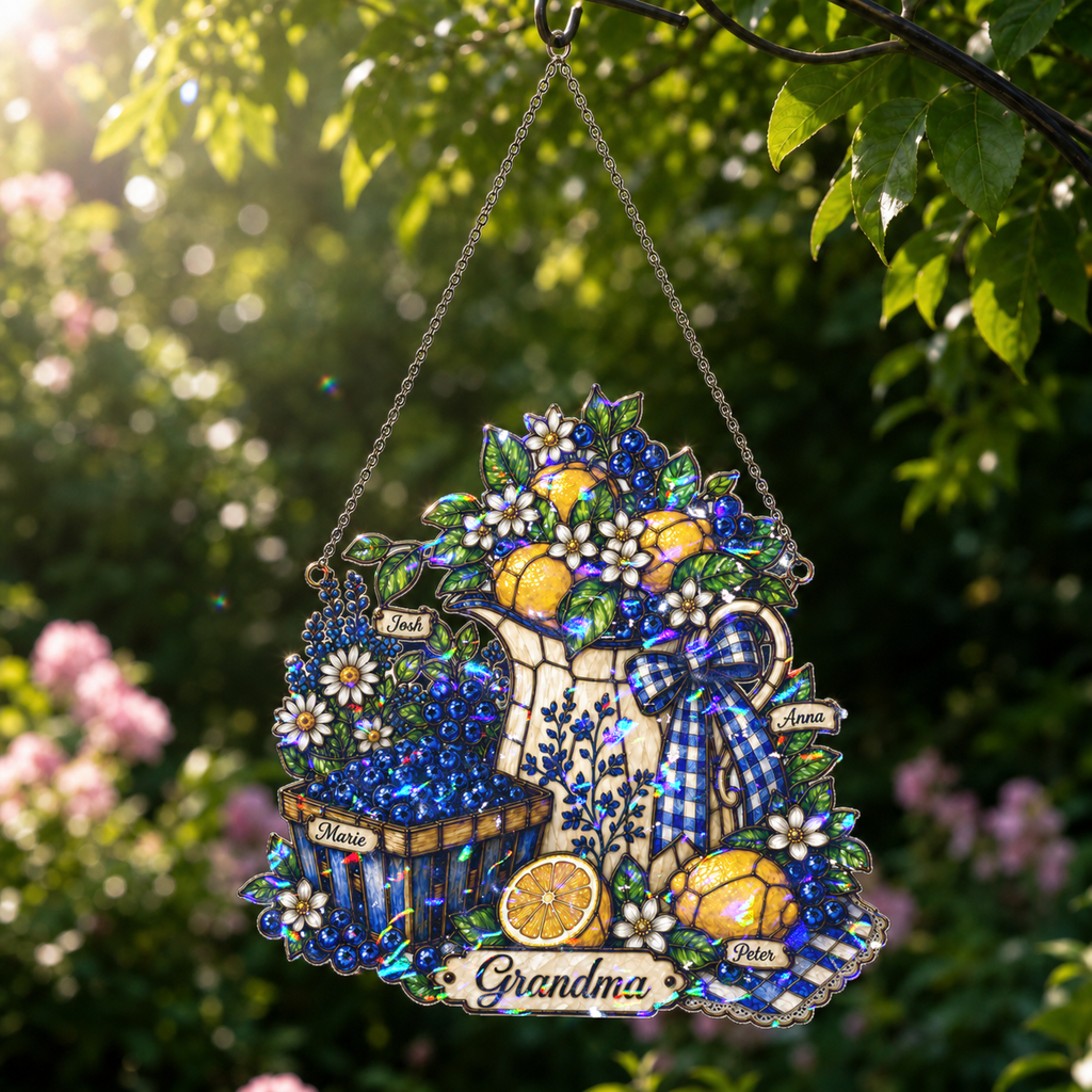 Personalized Grandma Lemon & Blueberry Pitcher Holographic Acrylic Suncatcher