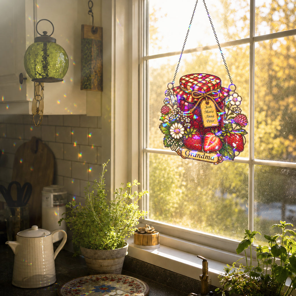 Personalized Grandma Strawberry Jam Jar Holographic Acrylic Suncatcher
