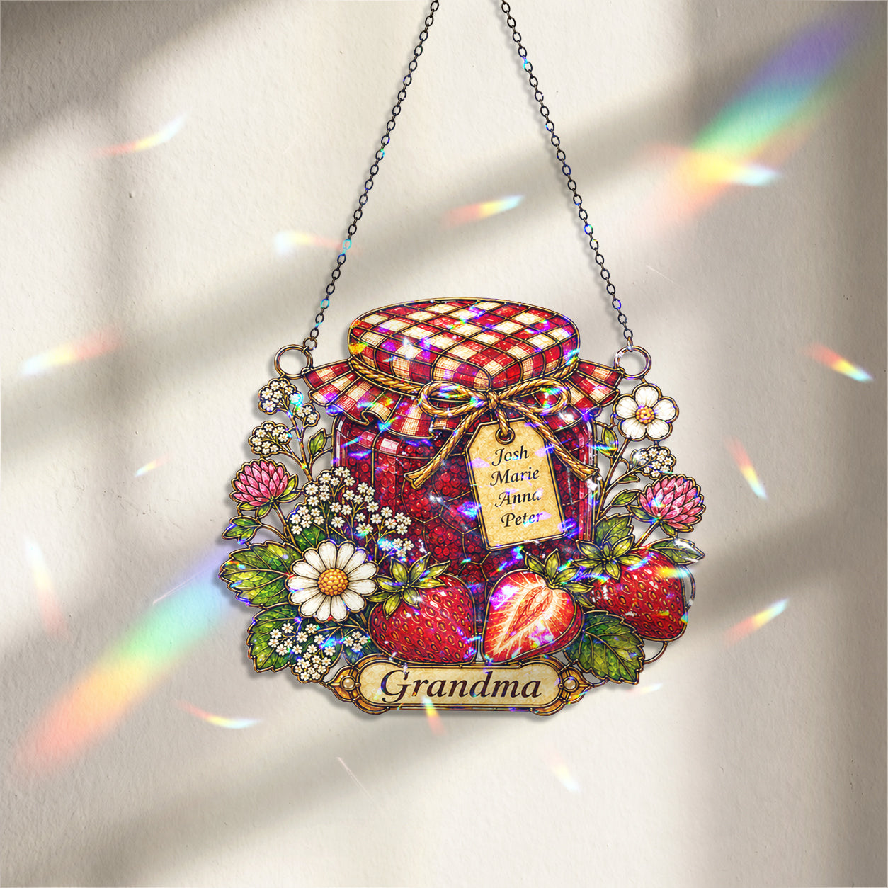 Personalized Grandma Strawberry Jam Jar Holographic Acrylic Suncatcher