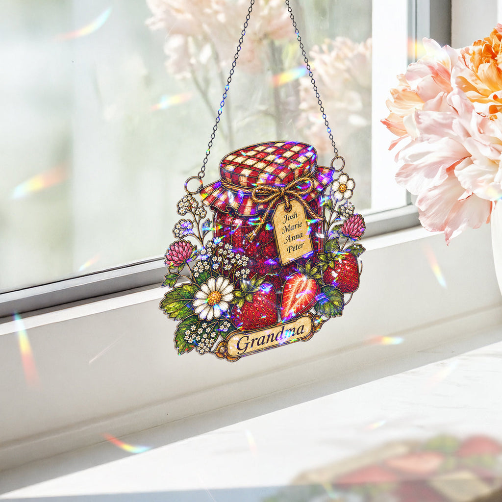 Personalized Grandma Strawberry Jam Jar Holographic Acrylic Suncatcher