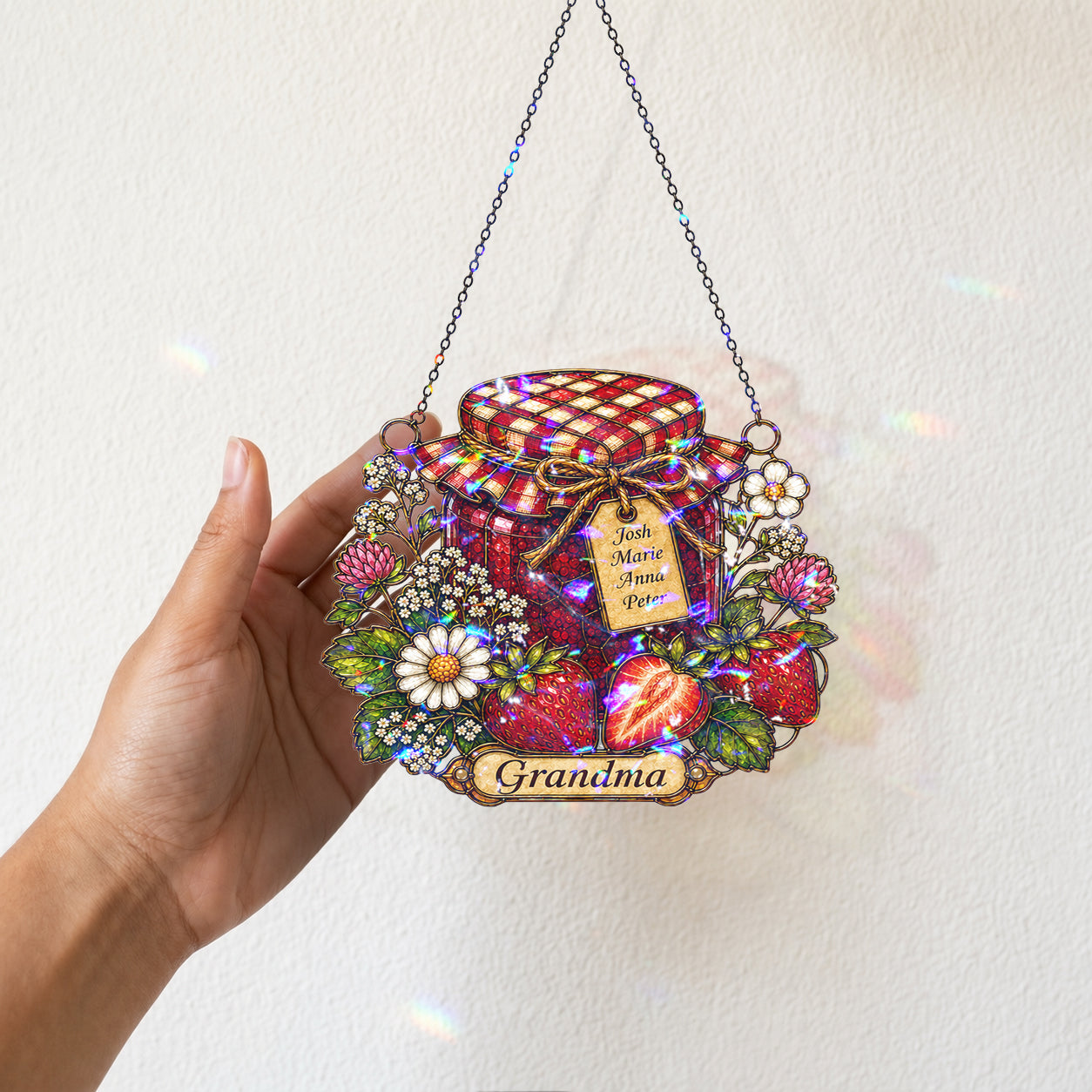 Personalized Grandma Strawberry Jam Jar Holographic Acrylic Suncatcher