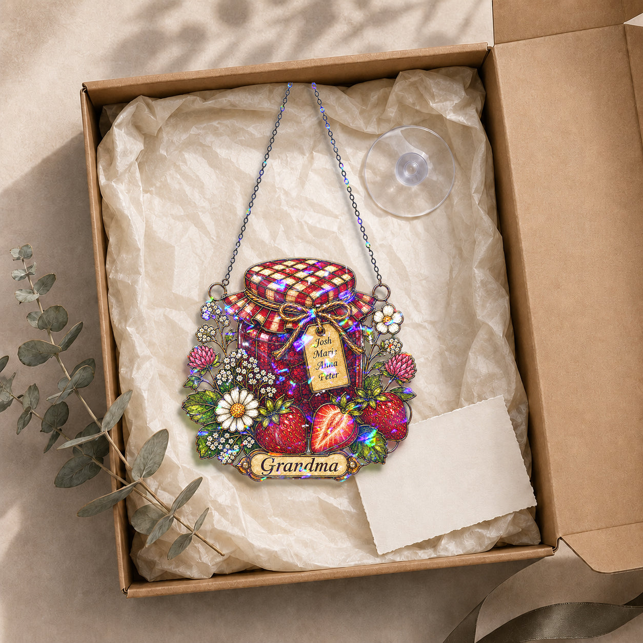 Personalized Grandma Strawberry Jam Jar Holographic Acrylic Suncatcher