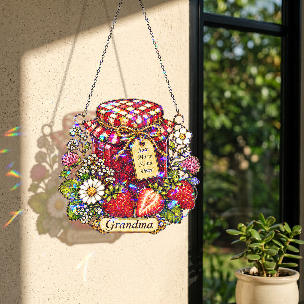 Personalized Grandma Strawberry Jam Jar Holographic Acrylic Suncatcher