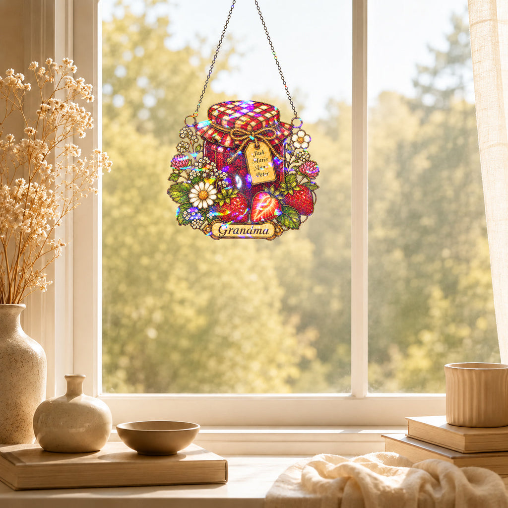 Personalized Grandma Strawberry Jam Jar Holographic Acrylic Suncatcher