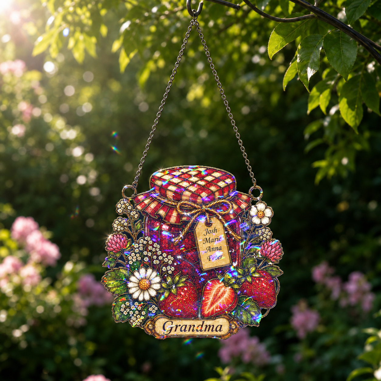 Personalized Grandma Strawberry Jam Jar Holographic Acrylic Suncatcher
