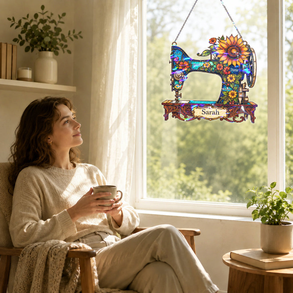 Personalized Vintage Sewing Machine & Sunflower Holographic Acrylic Suncatcher