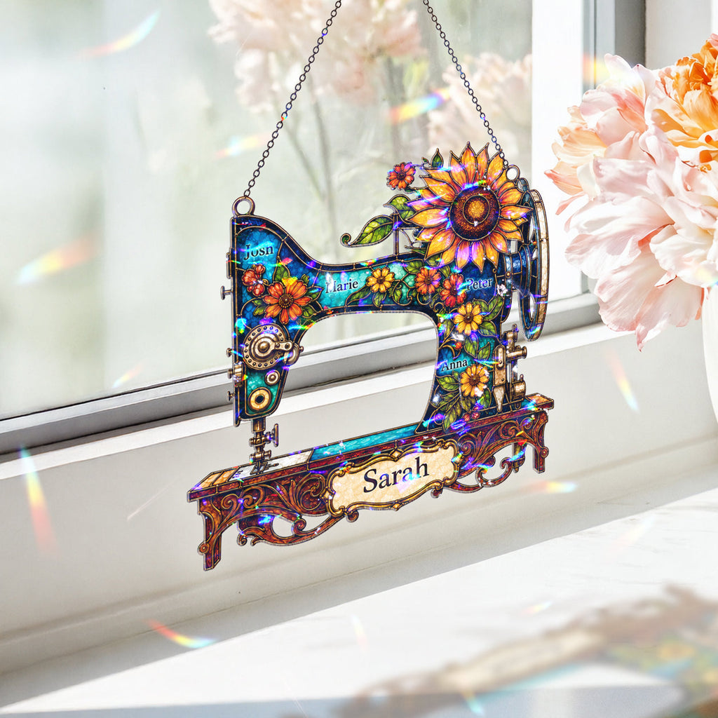 Personalized Vintage Sewing Machine & Sunflower Holographic Acrylic Suncatcher