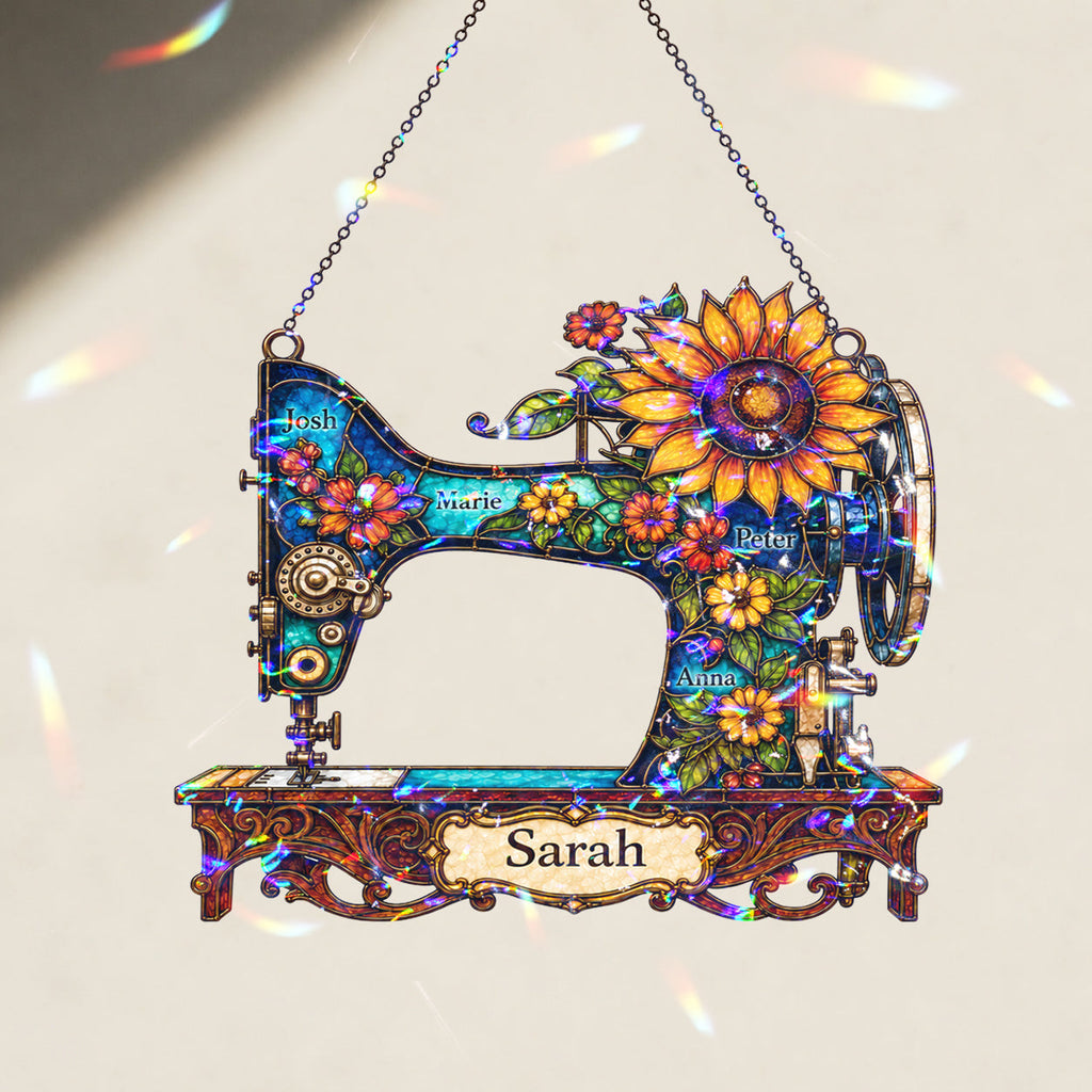 Personalized Vintage Sewing Machine & Sunflower Holographic Acrylic Suncatcher