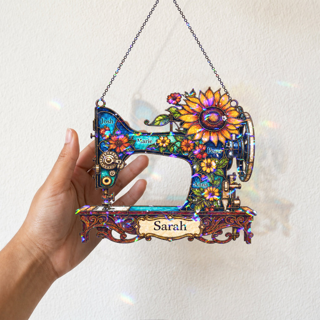 Personalized Vintage Sewing Machine & Sunflower Holographic Acrylic Suncatcher