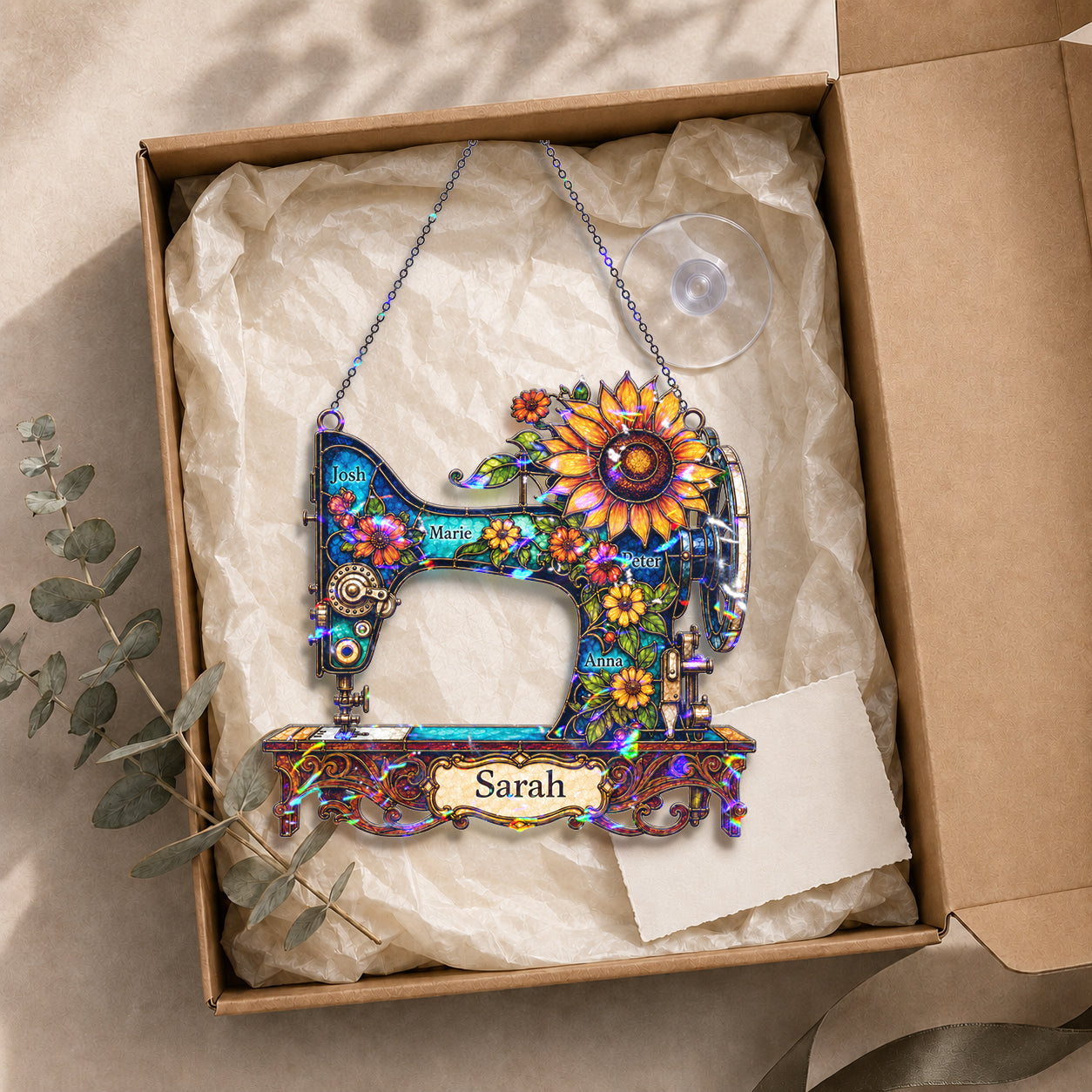 Personalized Vintage Sewing Machine & Sunflower Holographic Acrylic Suncatcher