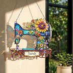 Personalized Vintage Sewing Machine & Sunflower Holographic Acrylic Suncatcher