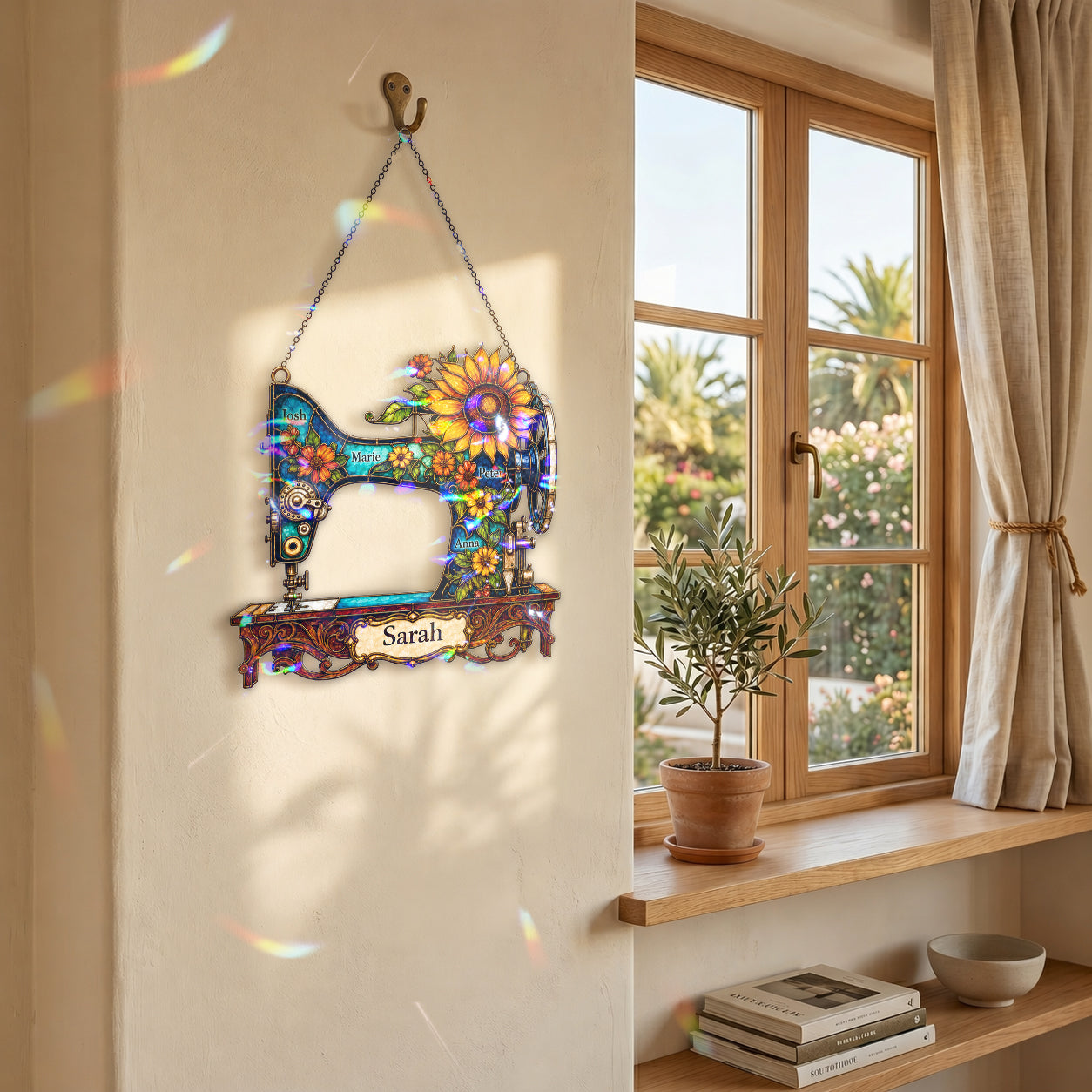 Personalized Vintage Sewing Machine & Sunflower Holographic Acrylic Suncatcher