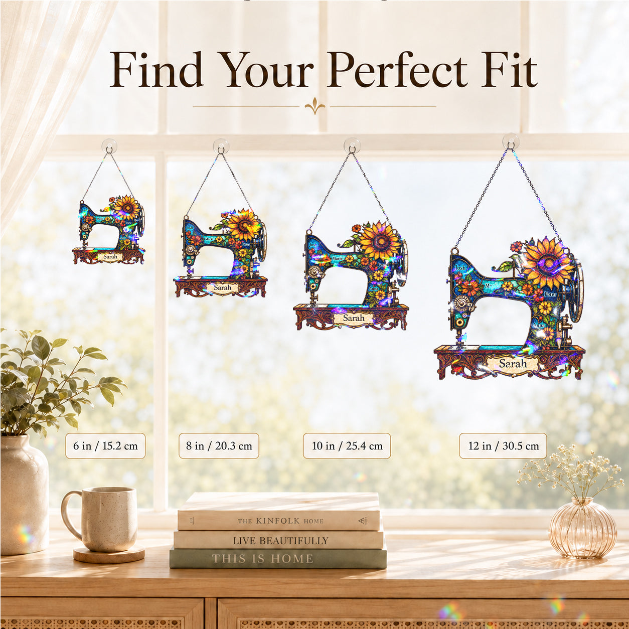 Personalized Vintage Sewing Machine & Sunflower Holographic Acrylic Suncatcher