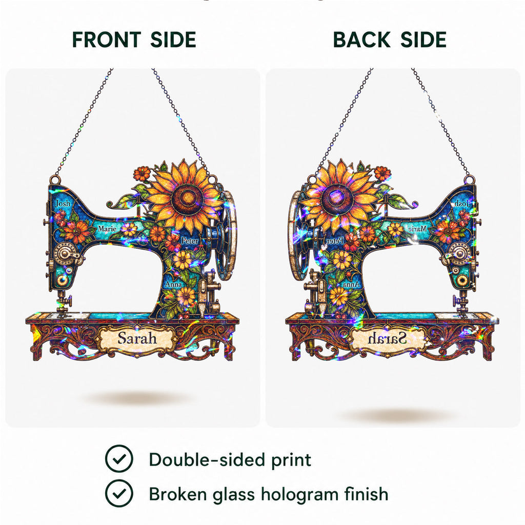 Personalized Vintage Sewing Machine & Sunflower Holographic Acrylic Suncatcher