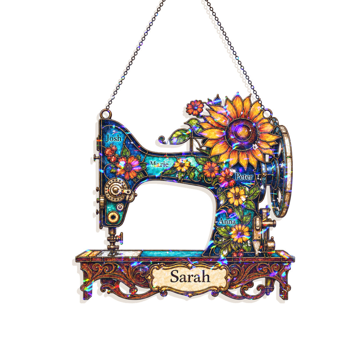 Personalized Vintage Sewing Machine & Sunflower Holographic Acrylic Suncatcher