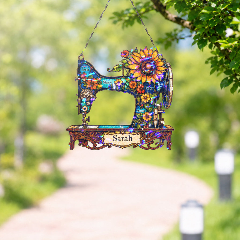 Personalized Vintage Sewing Machine & Sunflower Holographic Acrylic Suncatcher