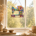 Personalized Vintage Sewing Machine & Sunflower Holographic Acrylic Suncatcher