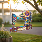 Personalized Vintage Sewing Machine & Sunflower Holographic Acrylic Suncatcher
