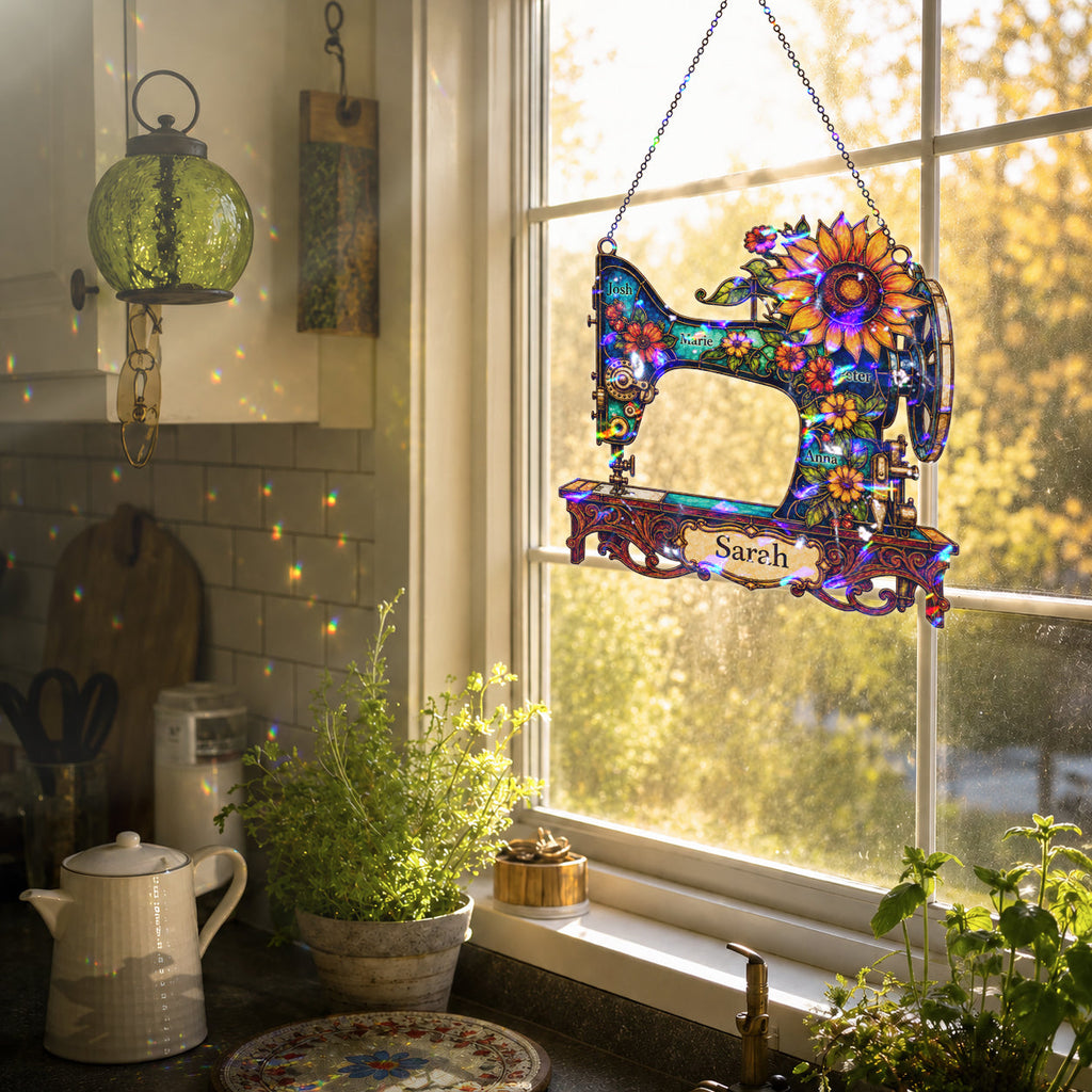 Personalized Vintage Sewing Machine & Sunflower Holographic Acrylic Suncatcher