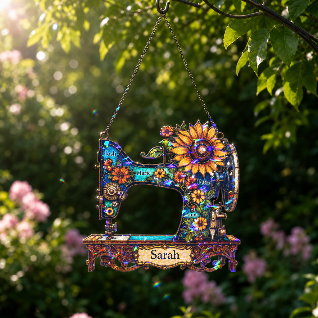 Personalized Vintage Sewing Machine & Sunflower Holographic Acrylic Suncatcher